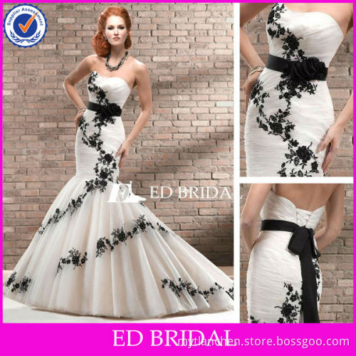 Hot Strapless Fishtail Black Sash Lace Black White Wedding Dress With Train